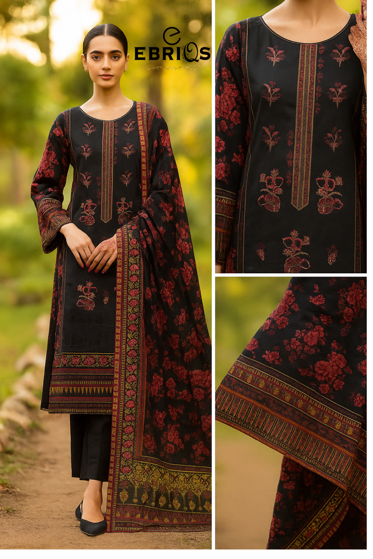 Ebriqs Premium Black & Red Printed 3-Piece Linen Suit