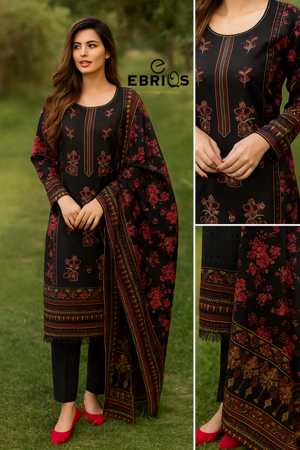 Ebriqs Premium Black & Red Printed 3-Piece Linen Suit