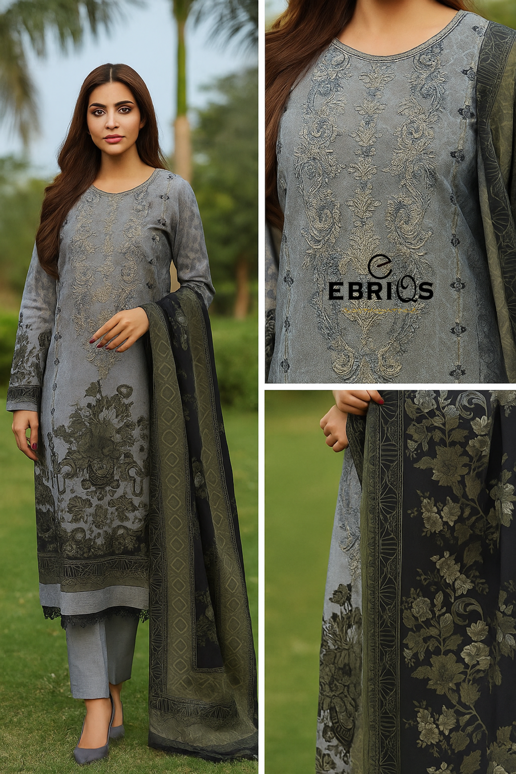 Elegant Grey & Black Embroidered Linen Suit By Ebriqs