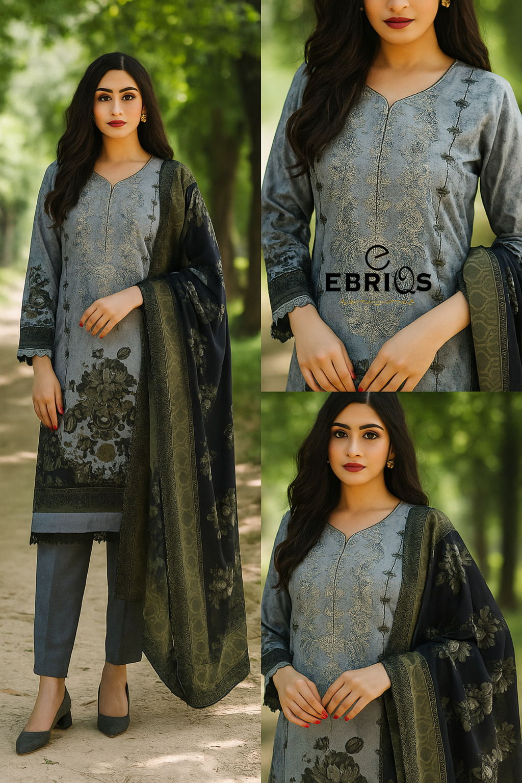 Elegant Grey & Black Embroidered Linen Suit By Ebriqs