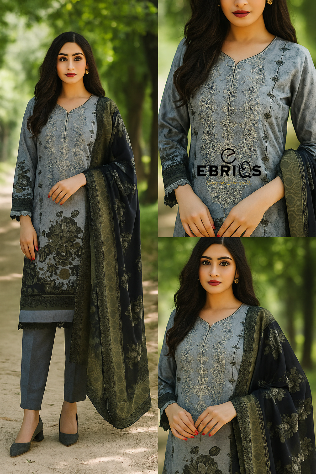 Elegant Grey & Black Embroidered Linen Suit By Ebriqs