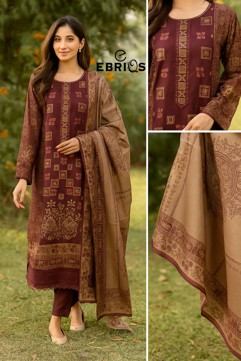 Navy blue floral embroidered 3-piece suit