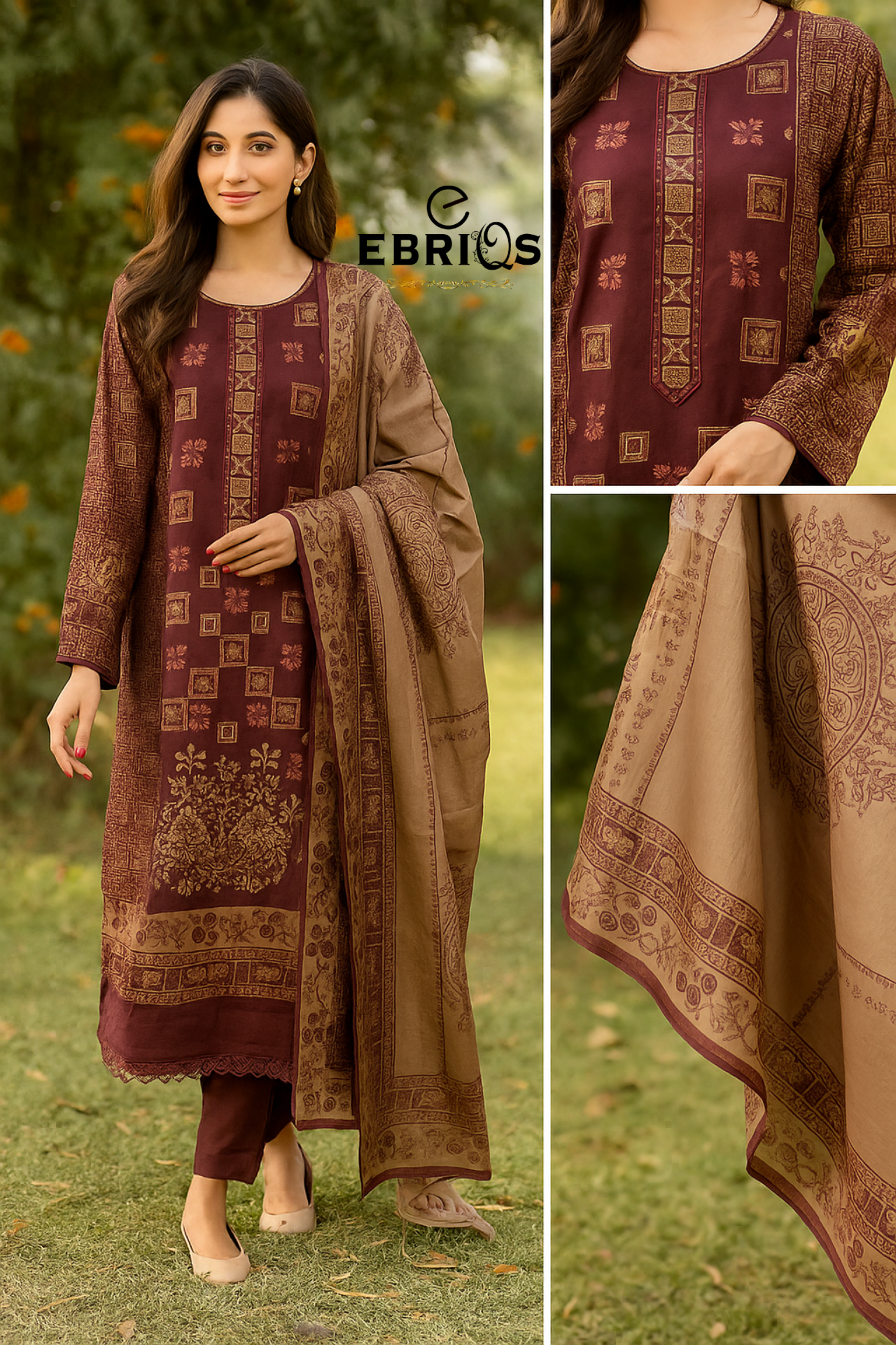 Navy blue floral embroidered 3-piece suit