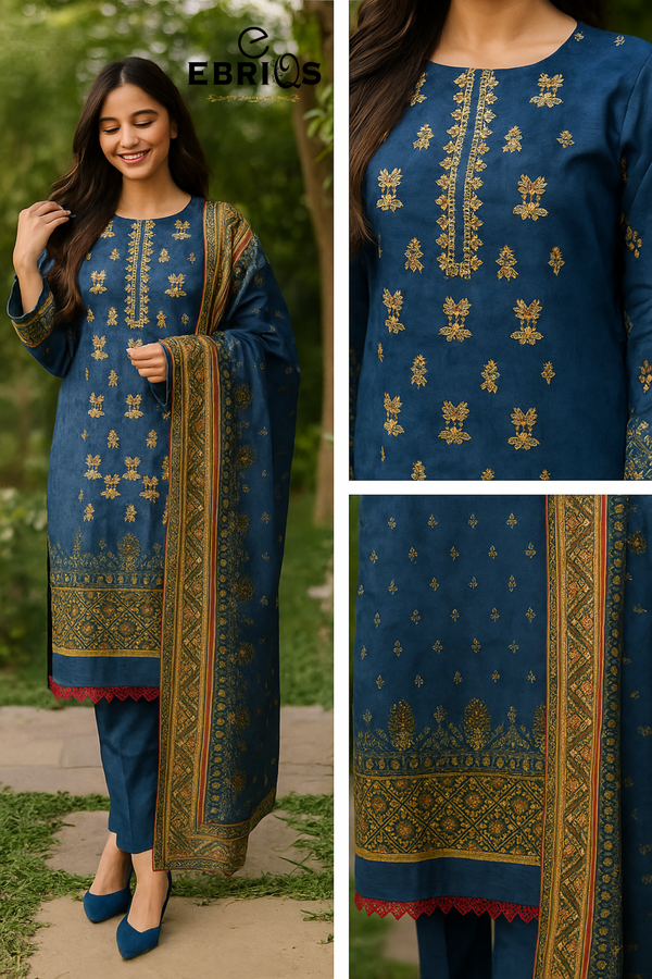 Royal Blue Embroidered 3-Piece Linen Suit By Ebriqs