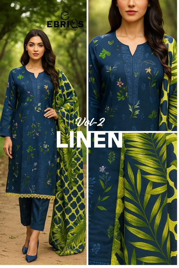 Navy Blue & Lime Green Linen 3-Piece Suit By Ebriqs