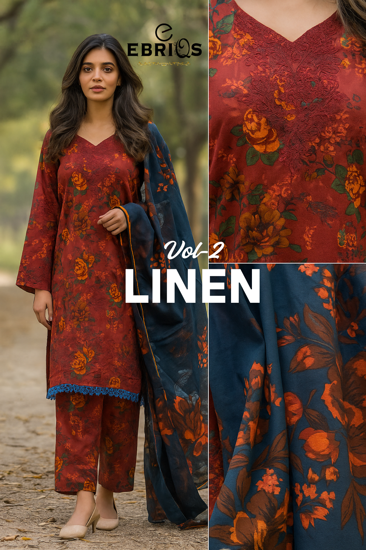 Ebriqs Linen Vol-2 – Rust Red & Navy Floral Suit