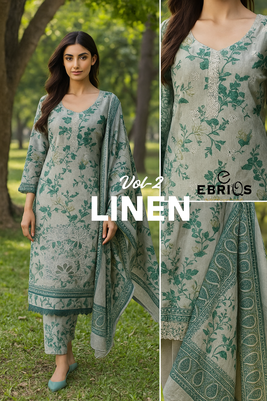 Green floral linen 3-piece suit by Ebriqs