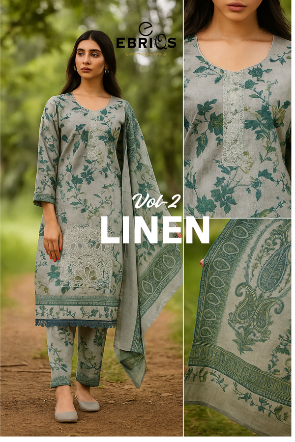 Green floral linen 3-piece suit by Ebriqs