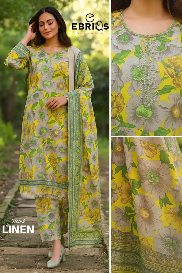 Ebriqs Linen Vol-2 – Yellow & Green Floral Elegance