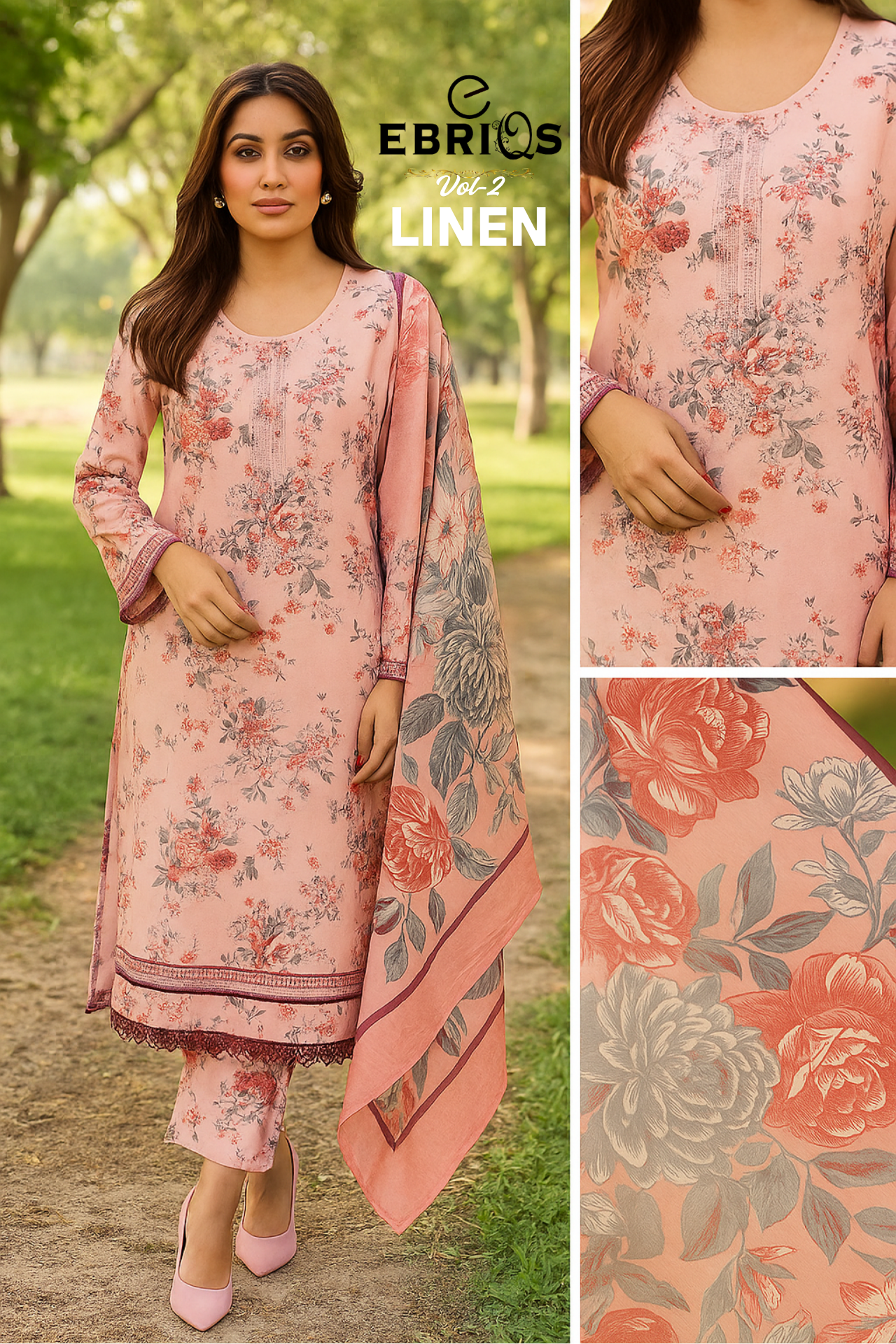 Elegant Pink Floral Linen 3-Piece Suit – Ebriqs Vol-2 Collection