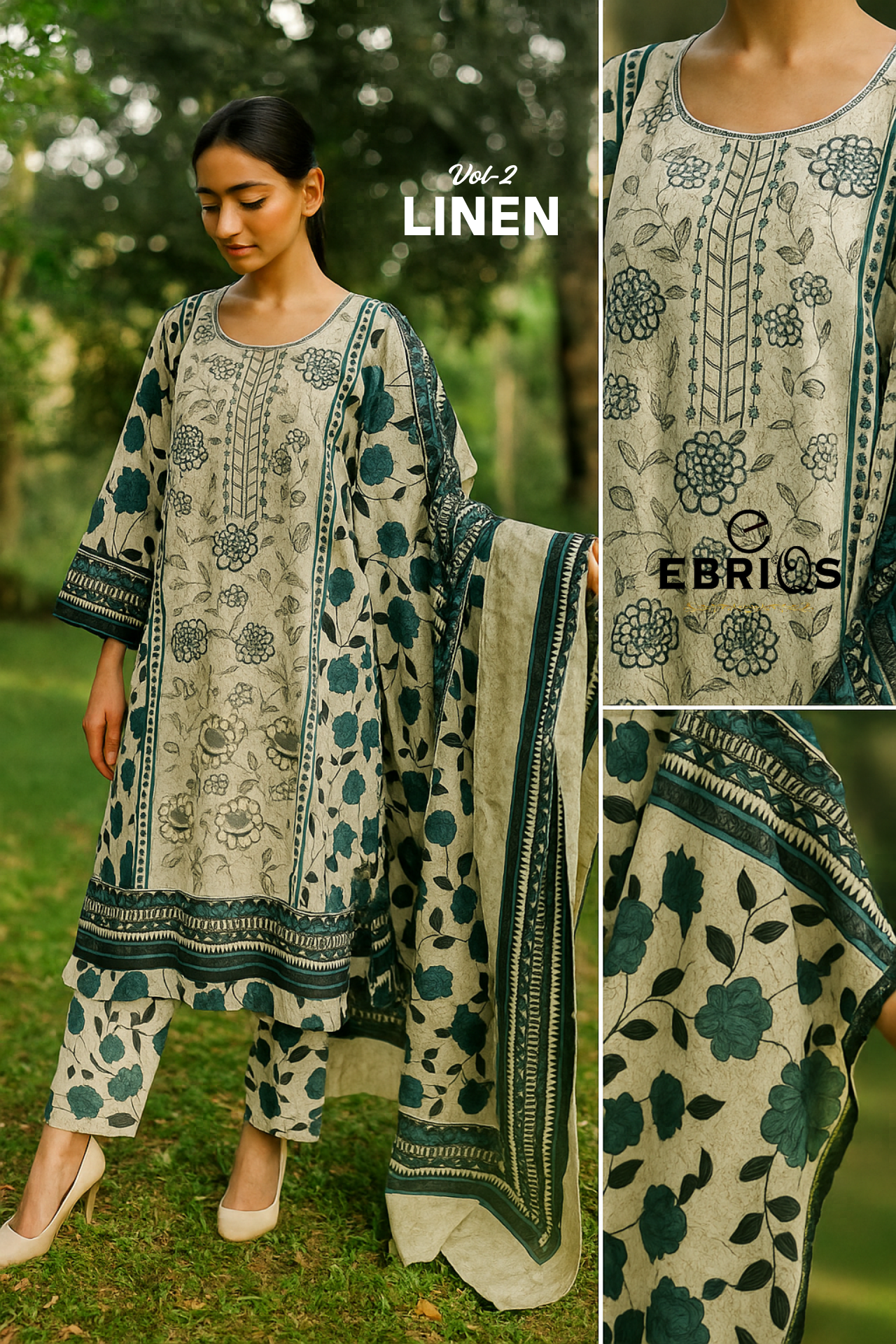 Ebriqs Vol-2 Linen – Beige & Teal Floral 3-Piece Suit