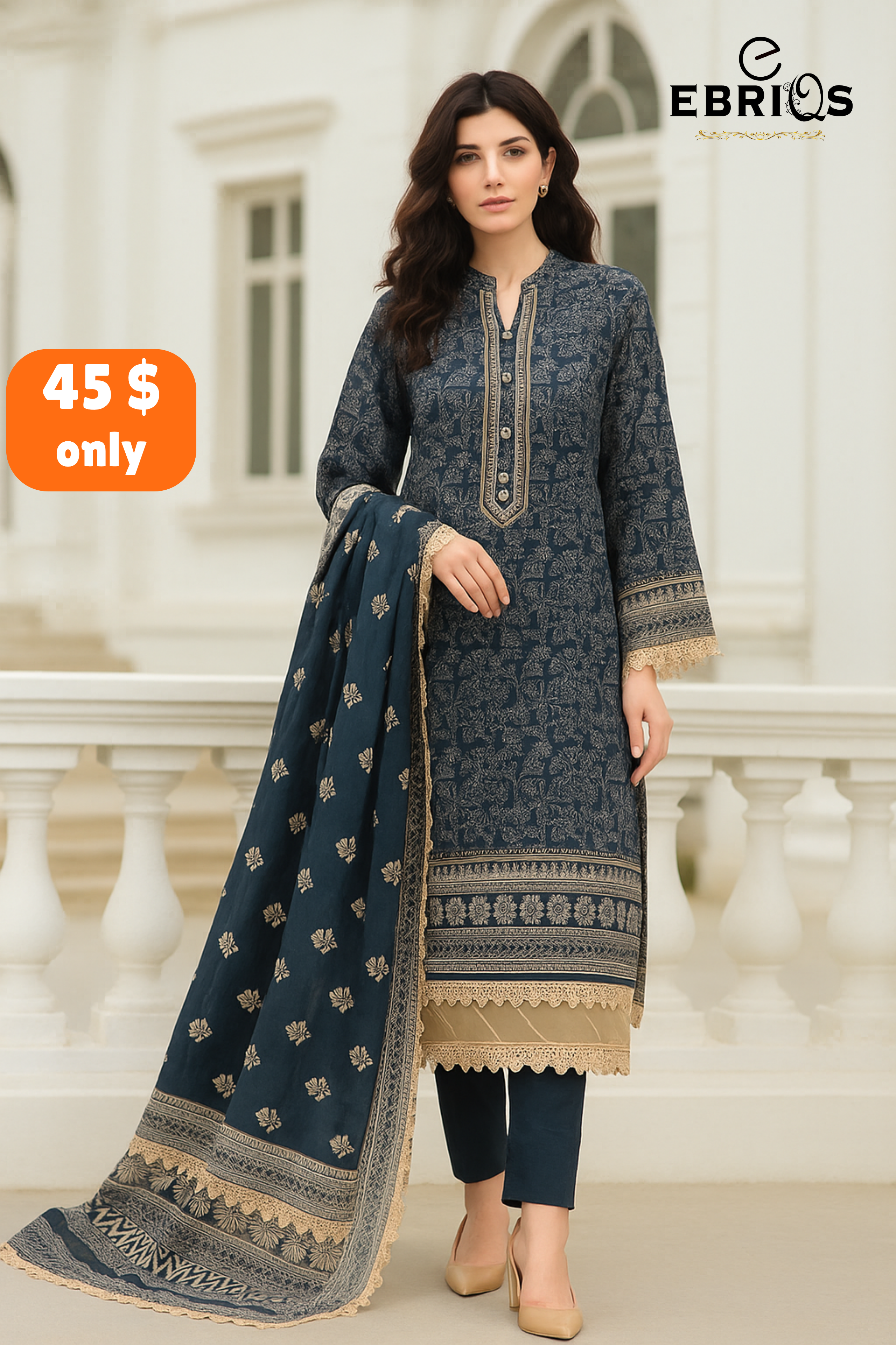 Premium lawn fabric with antique-inspired motifs