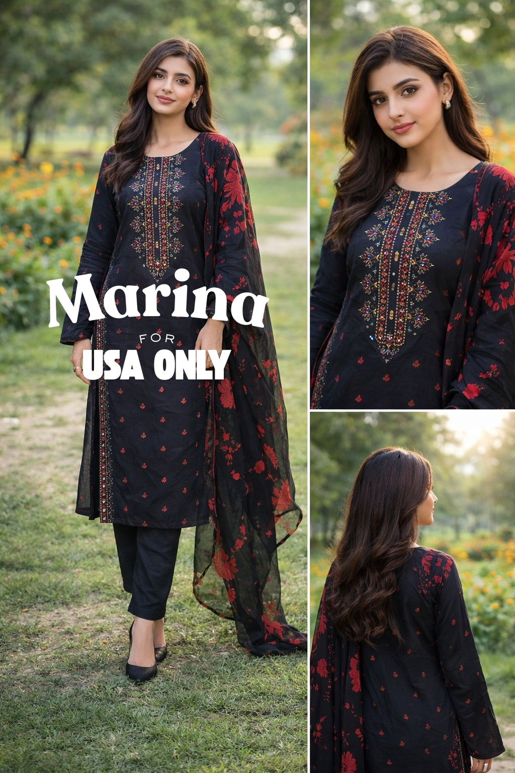 Marina – Black 3 Piece Embroidered Suit