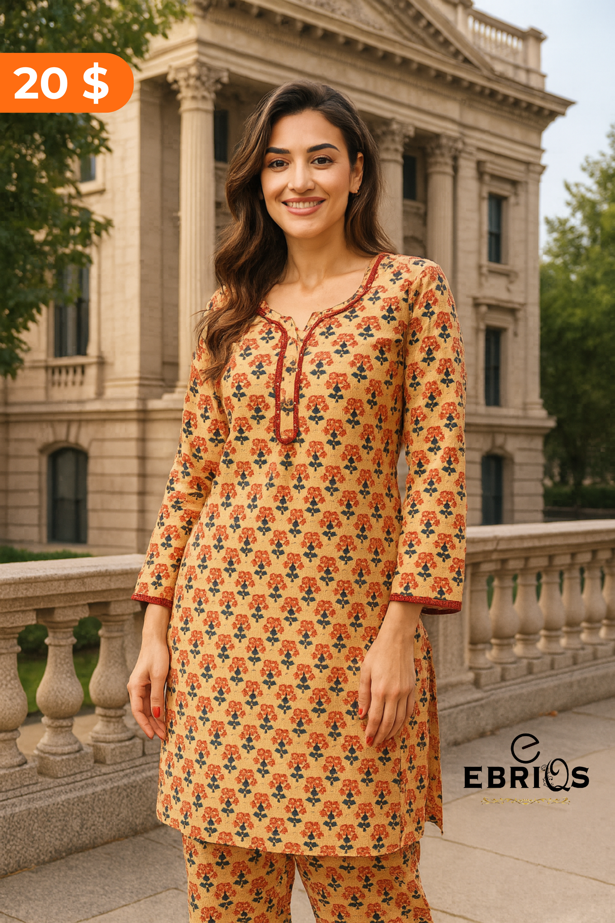 Floral Beige Cotton Kurta Set – 2 Piece