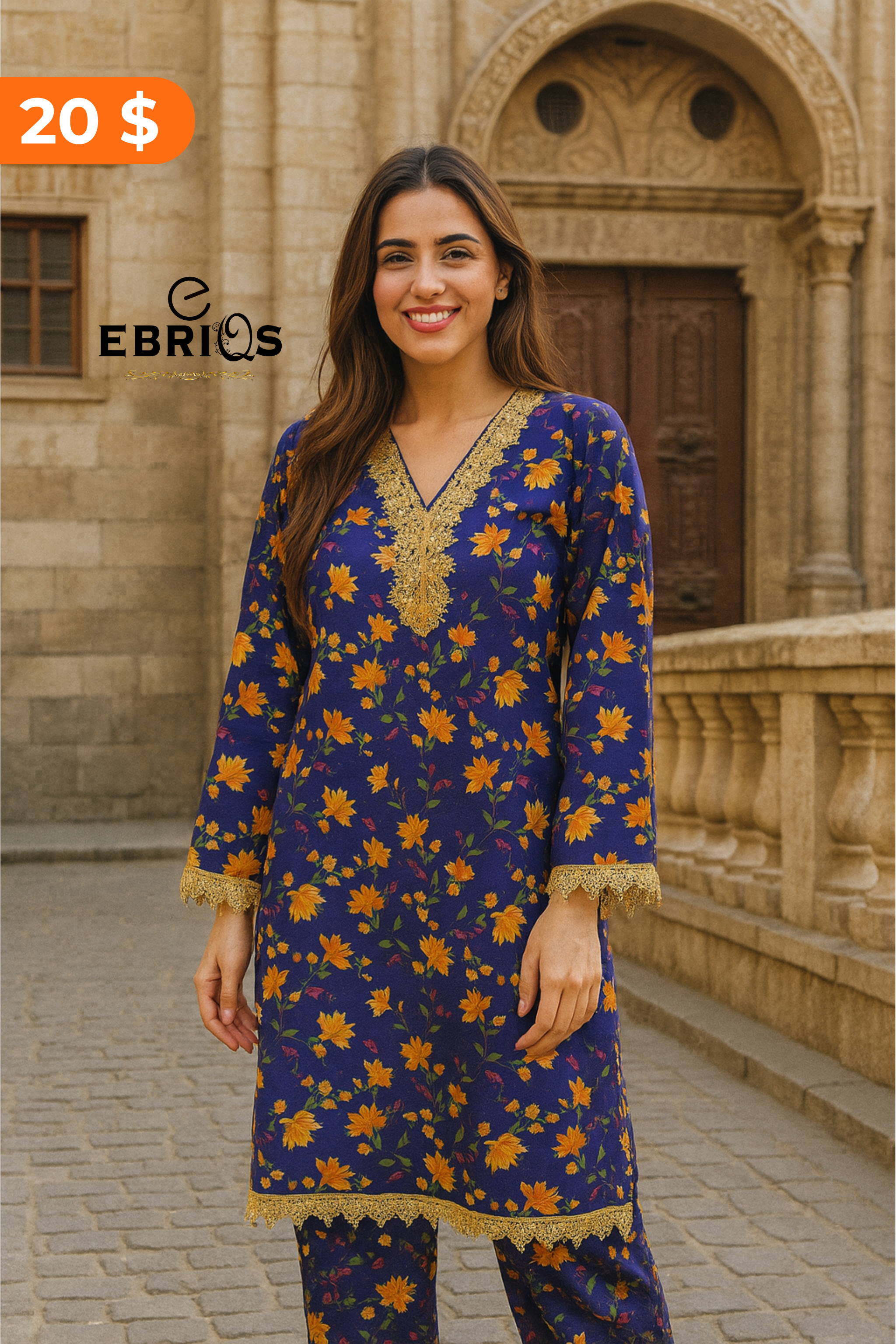 Royal Blue Floral Lace Kurti Set – 2 Piece Ready to Wear