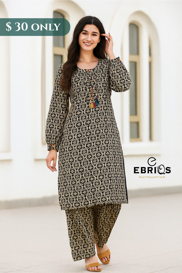 Black & Beige Stitched 2-Piece Lawn Suit for Women – Ethnic Wear | Summer Collection 2025