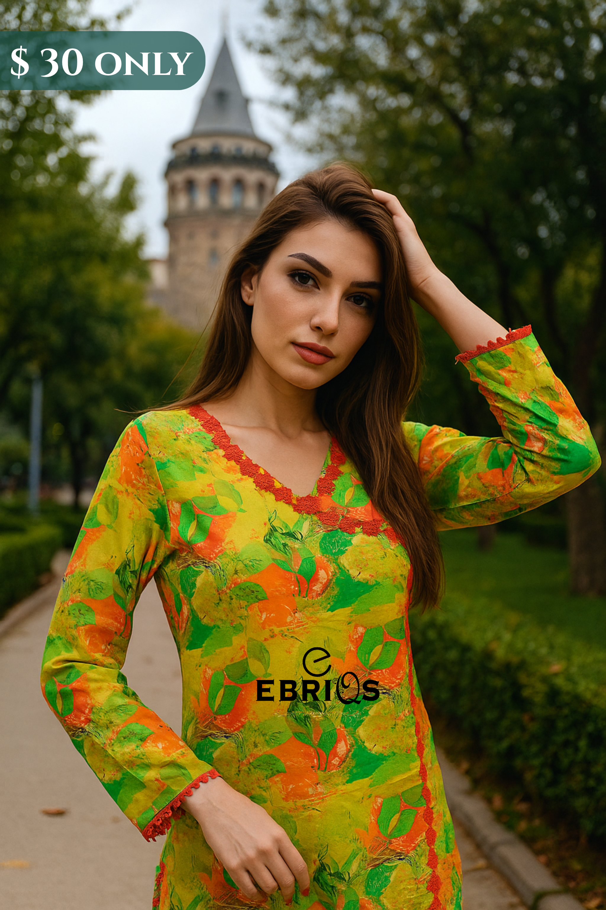 Tropical Green & Orange Printed Lawn 2-Piece Stitched Suit – Summer Kurti Set by Ebriqs