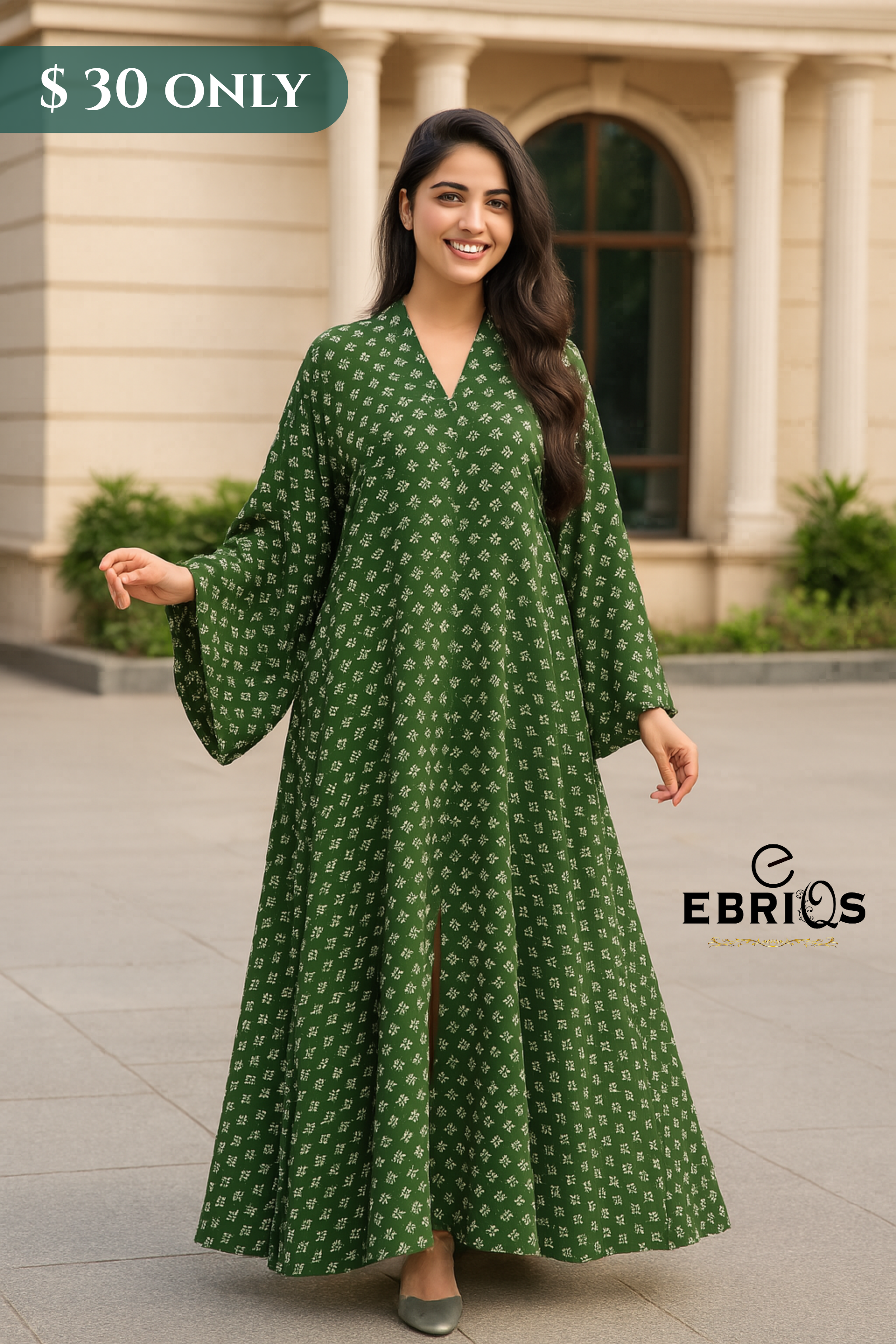 Elegant Green Printed Abaya – Modest Maxi Dress for Women