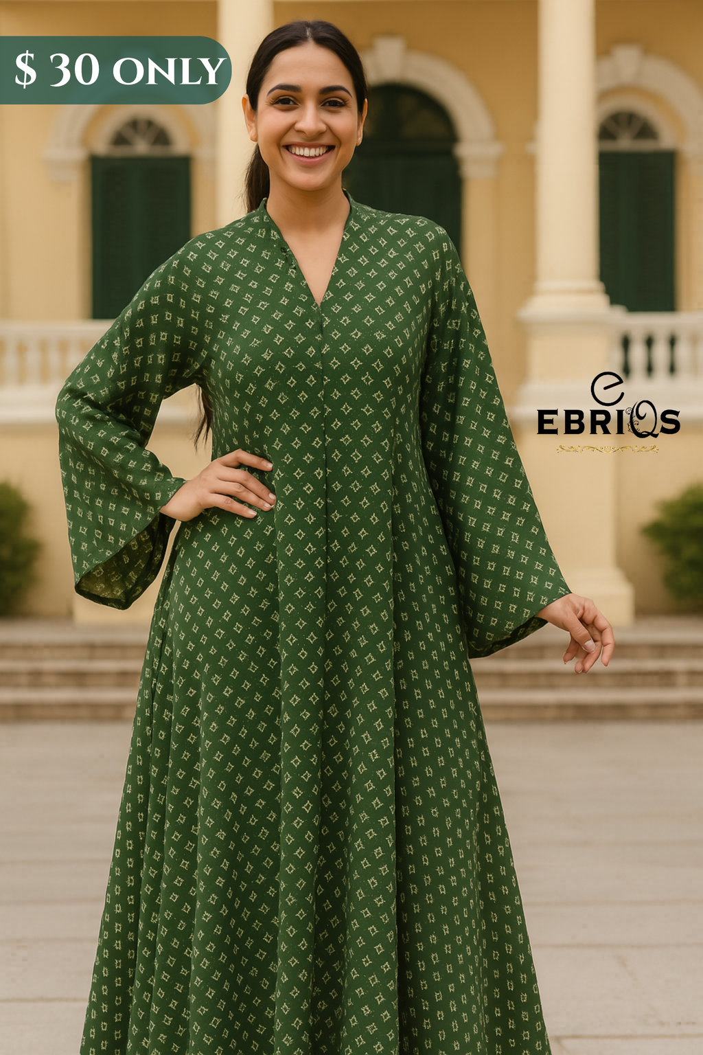 Elegant Green Printed Abaya – Modest Maxi Dress for Women