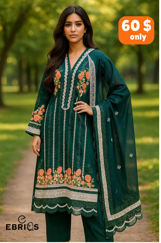 Deep Emerald Green 3-Piece Embroidered Suit