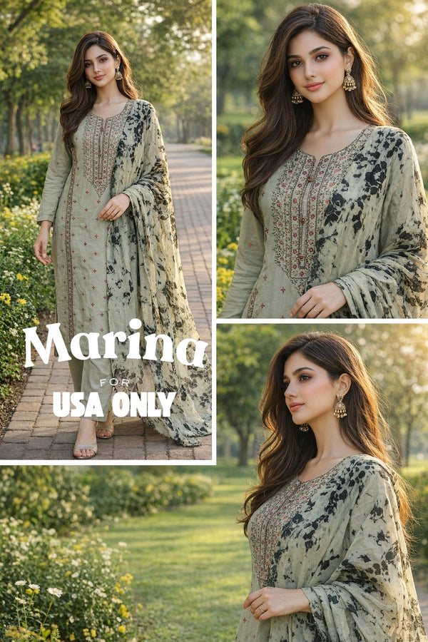 Marina – Sage Green 3 Piece Embroidered Suit (USA Only)