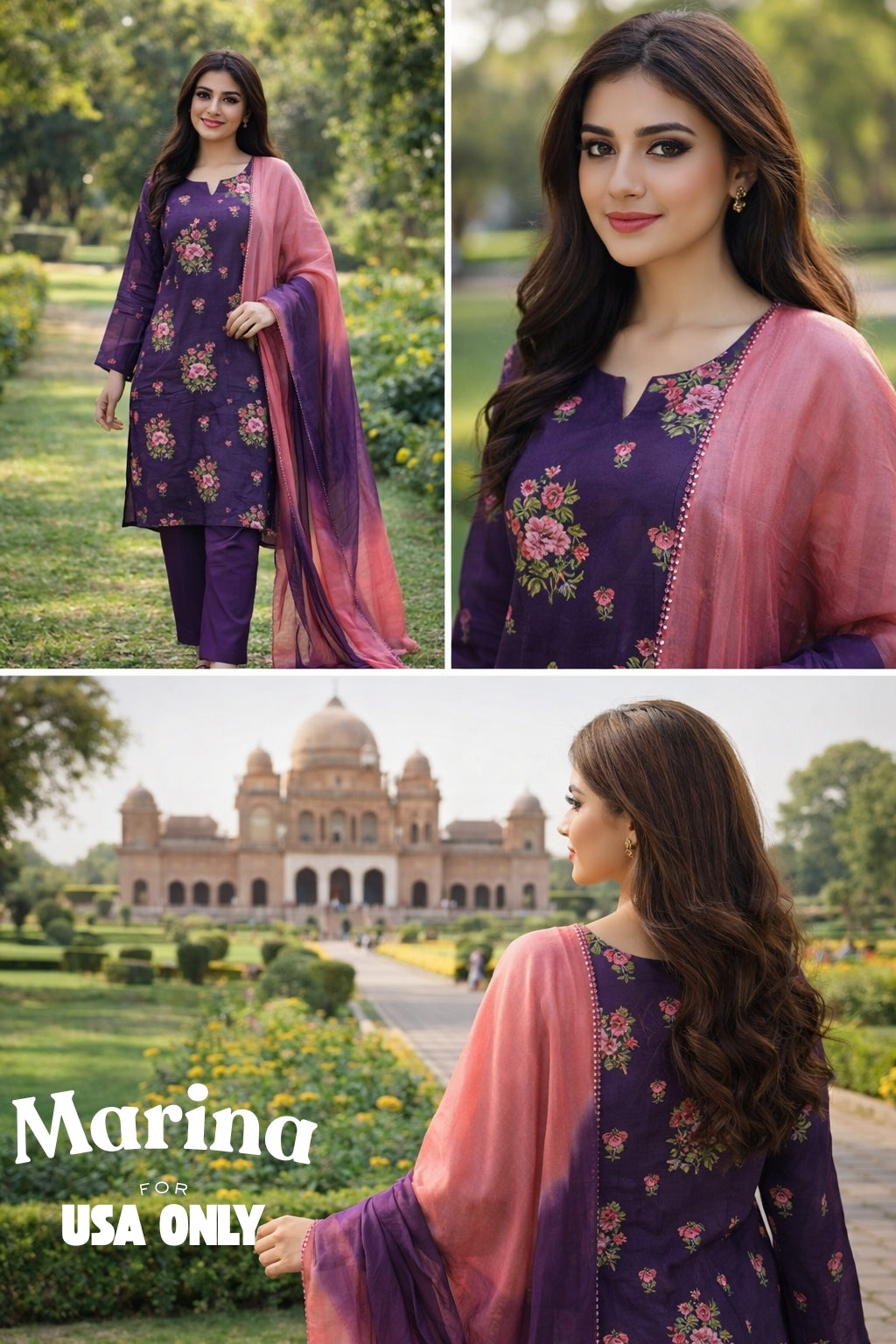 Marina – Purple Floral 3 Piece Suit with Ombre Dupatta (USA Only)