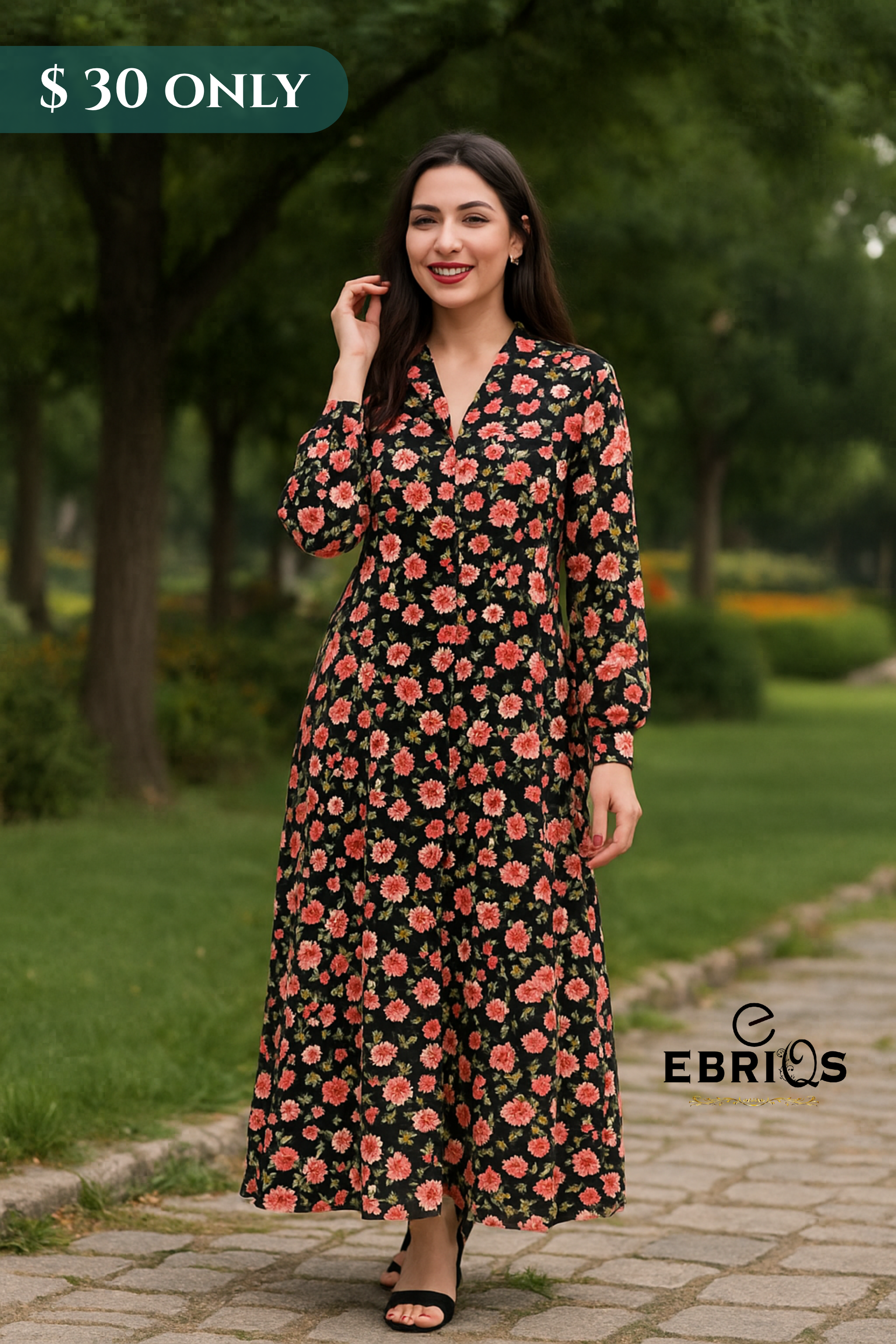 Floral Elegance Maxi Dress – Black & Coral Bloom