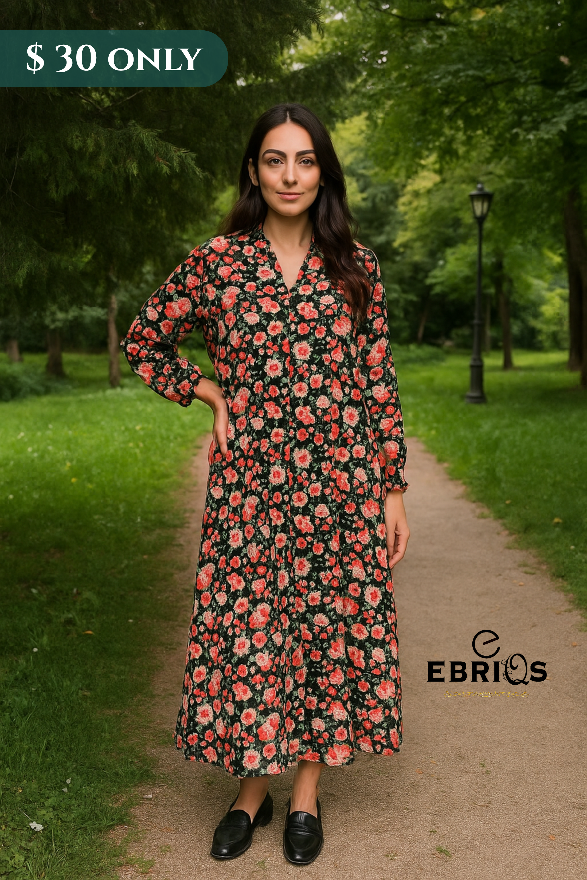 Floral Elegance Maxi Dress – Black & Coral Bloom