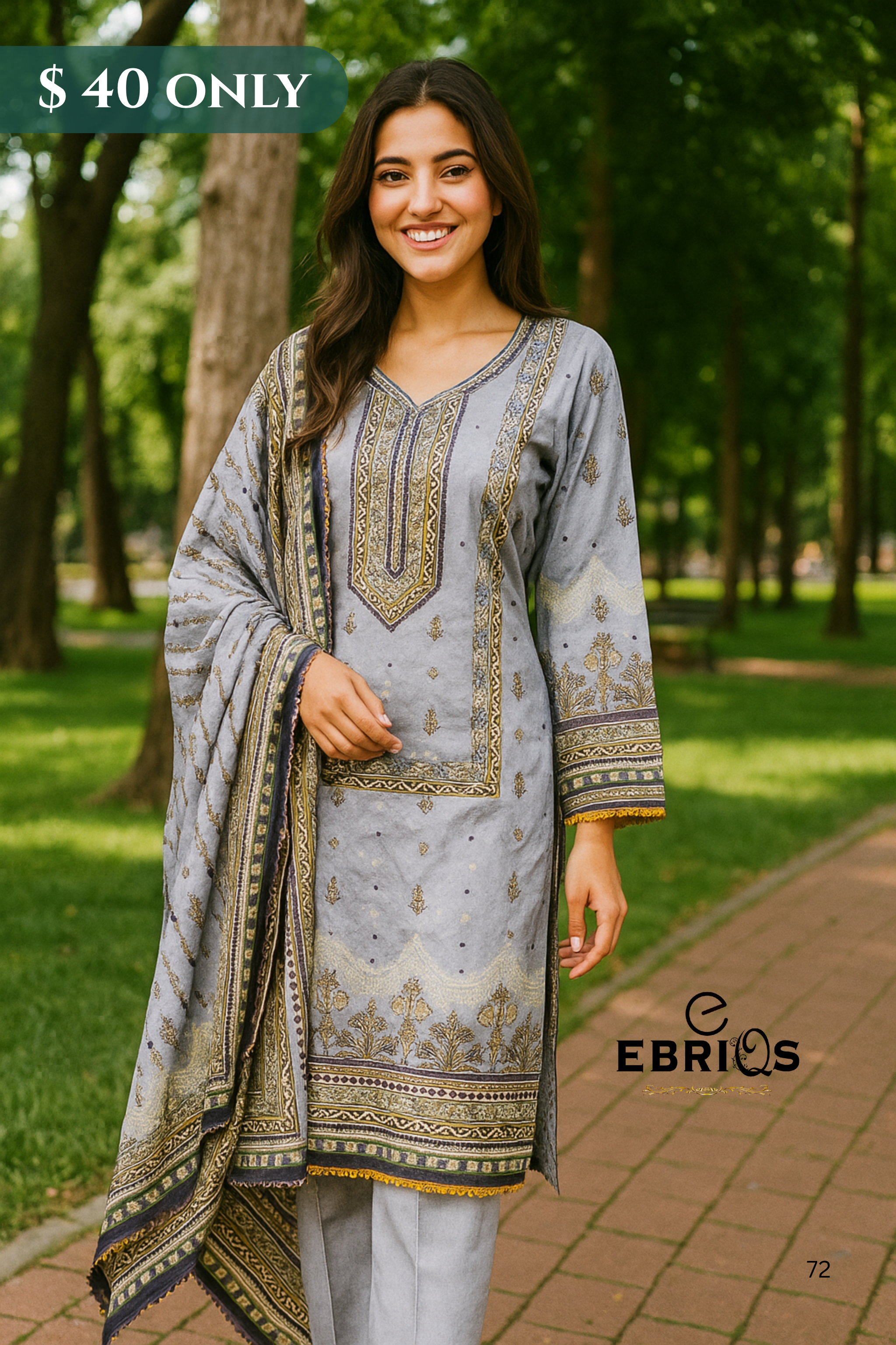 Elegant Grey & Gold Lawn 3-Piece Suit – Stitched | $40 Only
