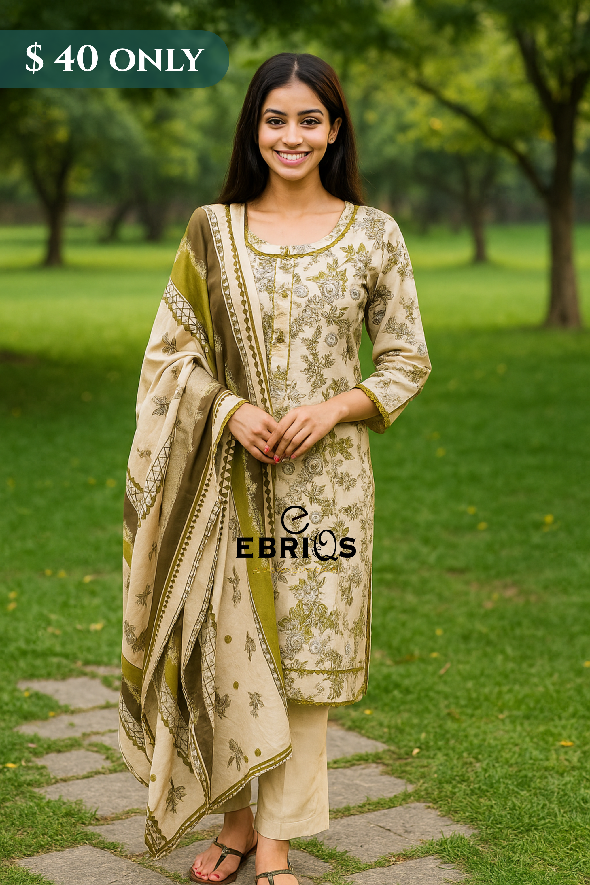 Classic Cream & Olive Green Lawn 3-Piece Suit – Stitched | $40 Only