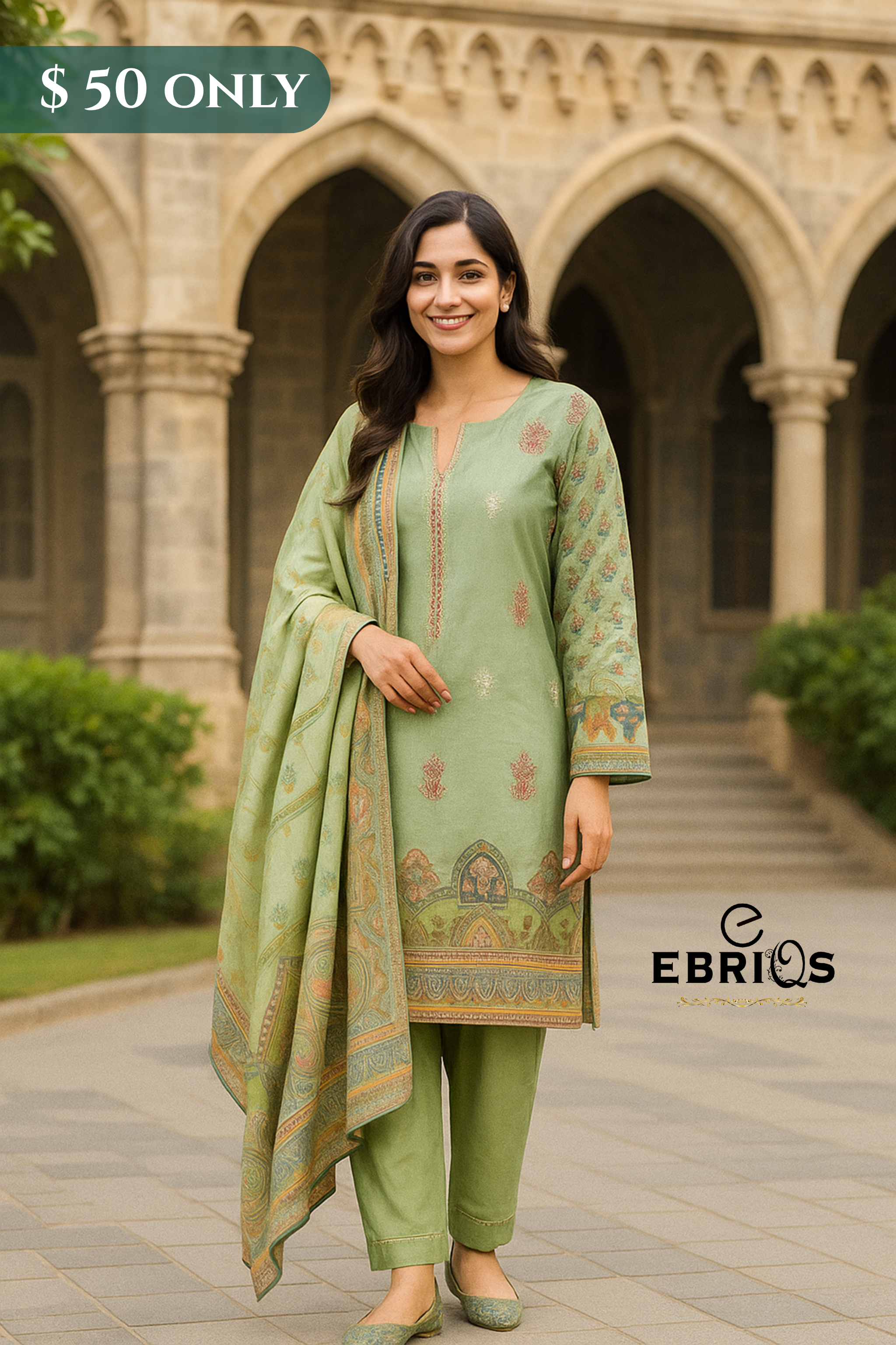 Elegant Mint Green 3-Piece Stitched Lawn Suit