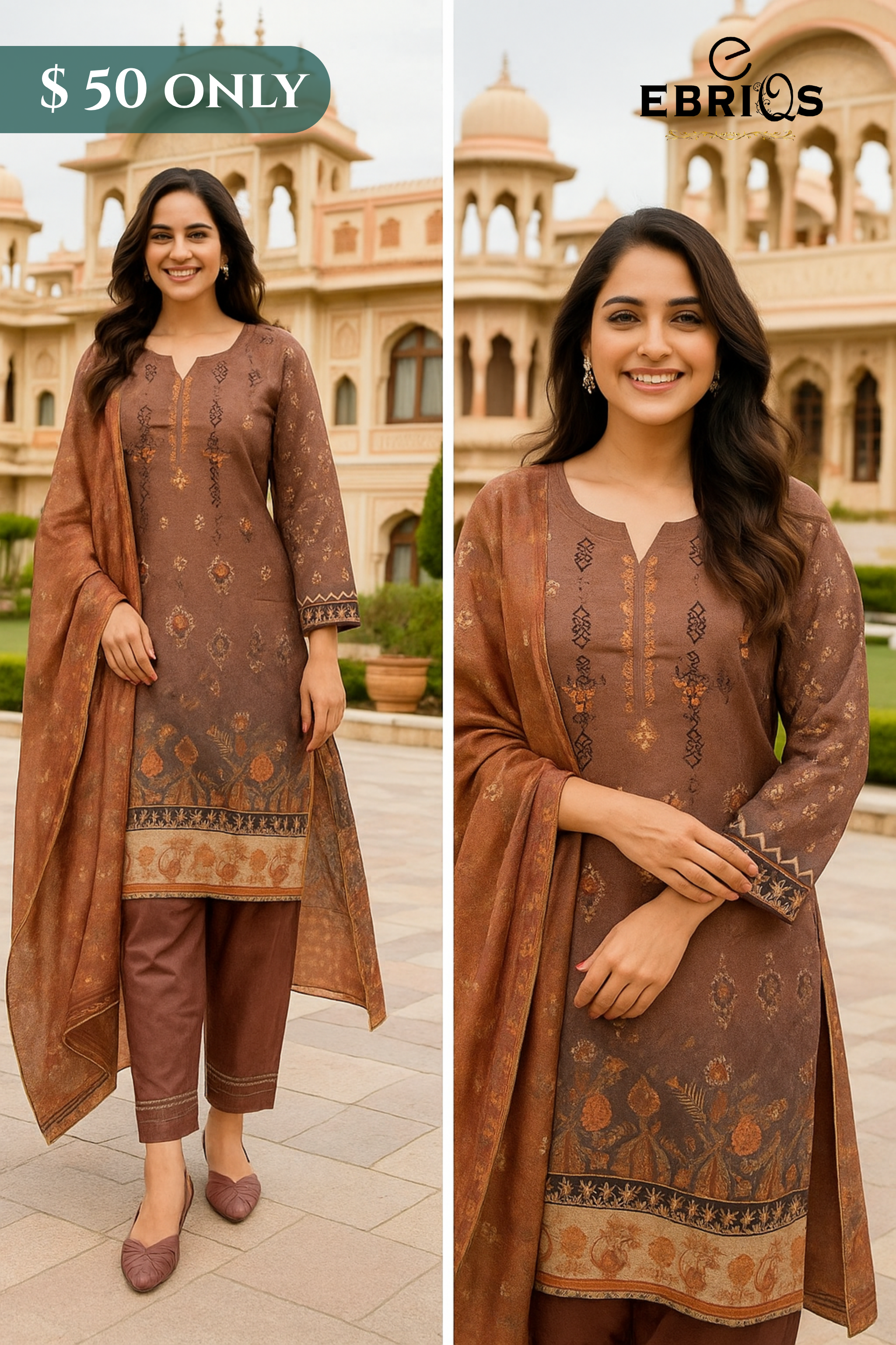 Classic Rust Brown 3-Piece Stitched Lawn Suit – Timeless Floral Elegance