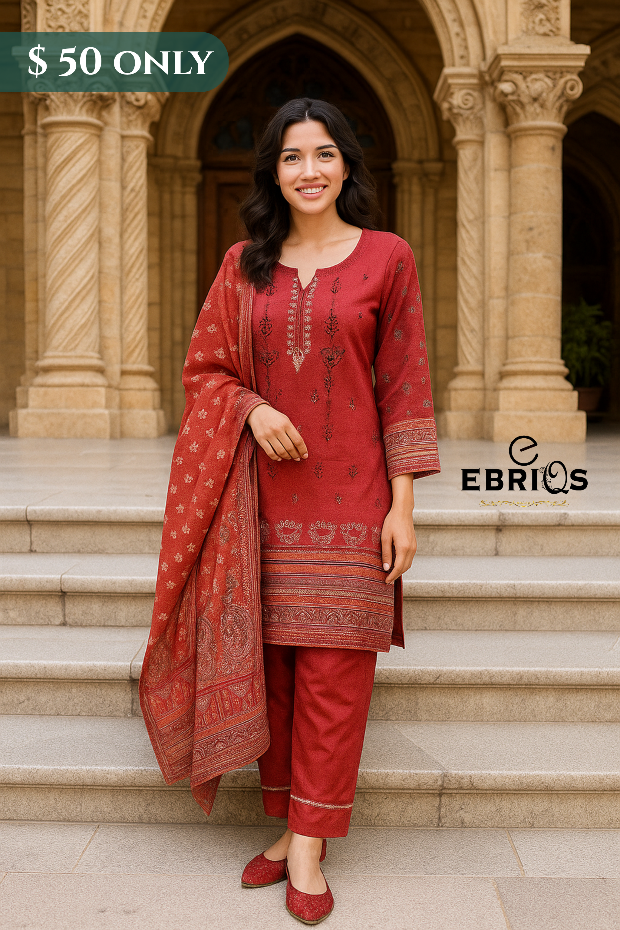 Deep Red 3-Piece stitched Lawn Suit – Elegance in Every Thread