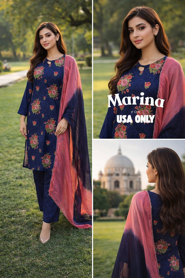 Marina – Navy Floral 3 Piece Suit with Ombre Dupatta (USA Only)