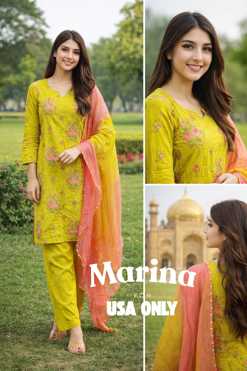 Marina – Lime Yellow Floral 3 Piece Suit with Peach Dupatta (USA Only)