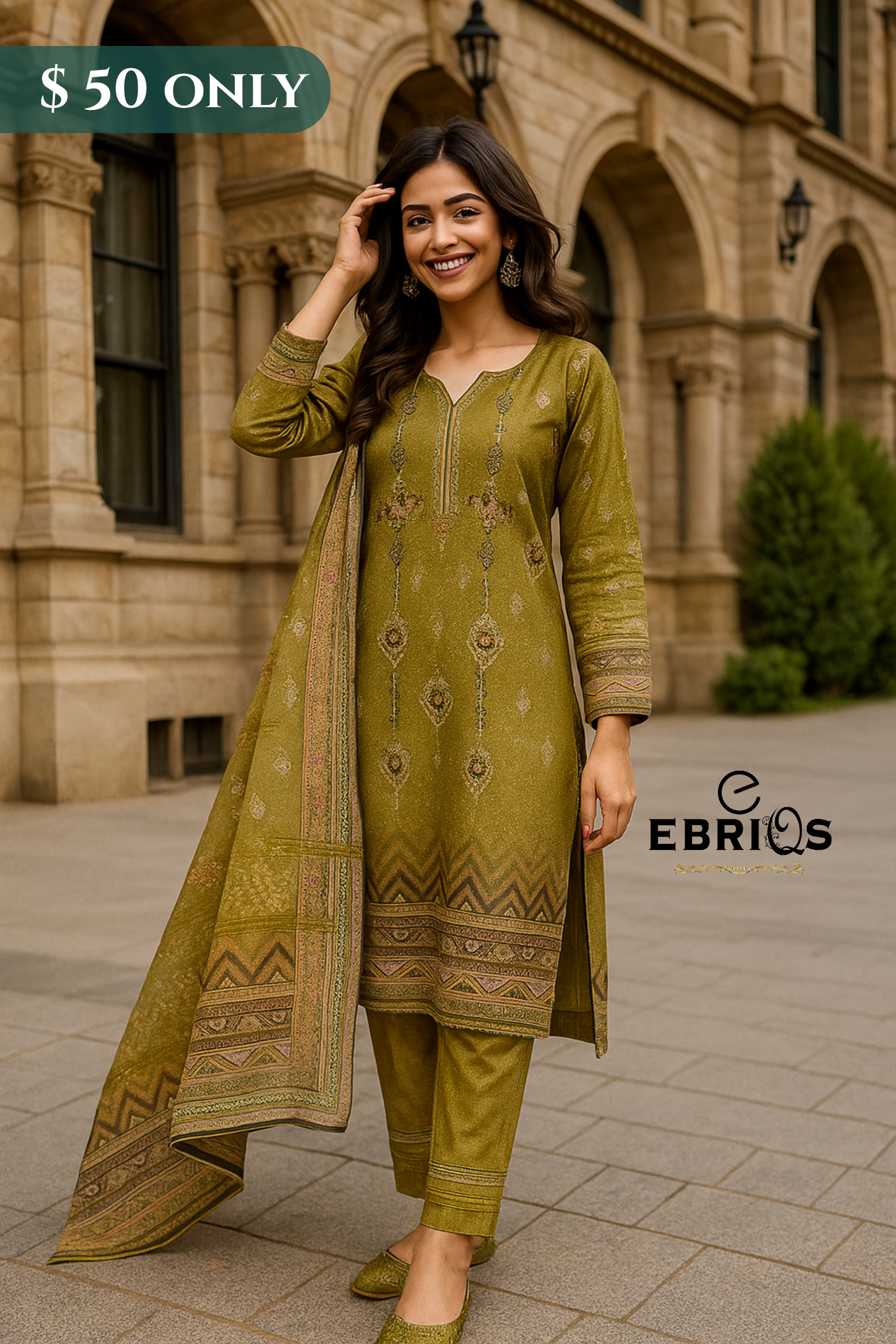 Olive Green 3-Piece Stitched Lawn Suit – Timeless Grace