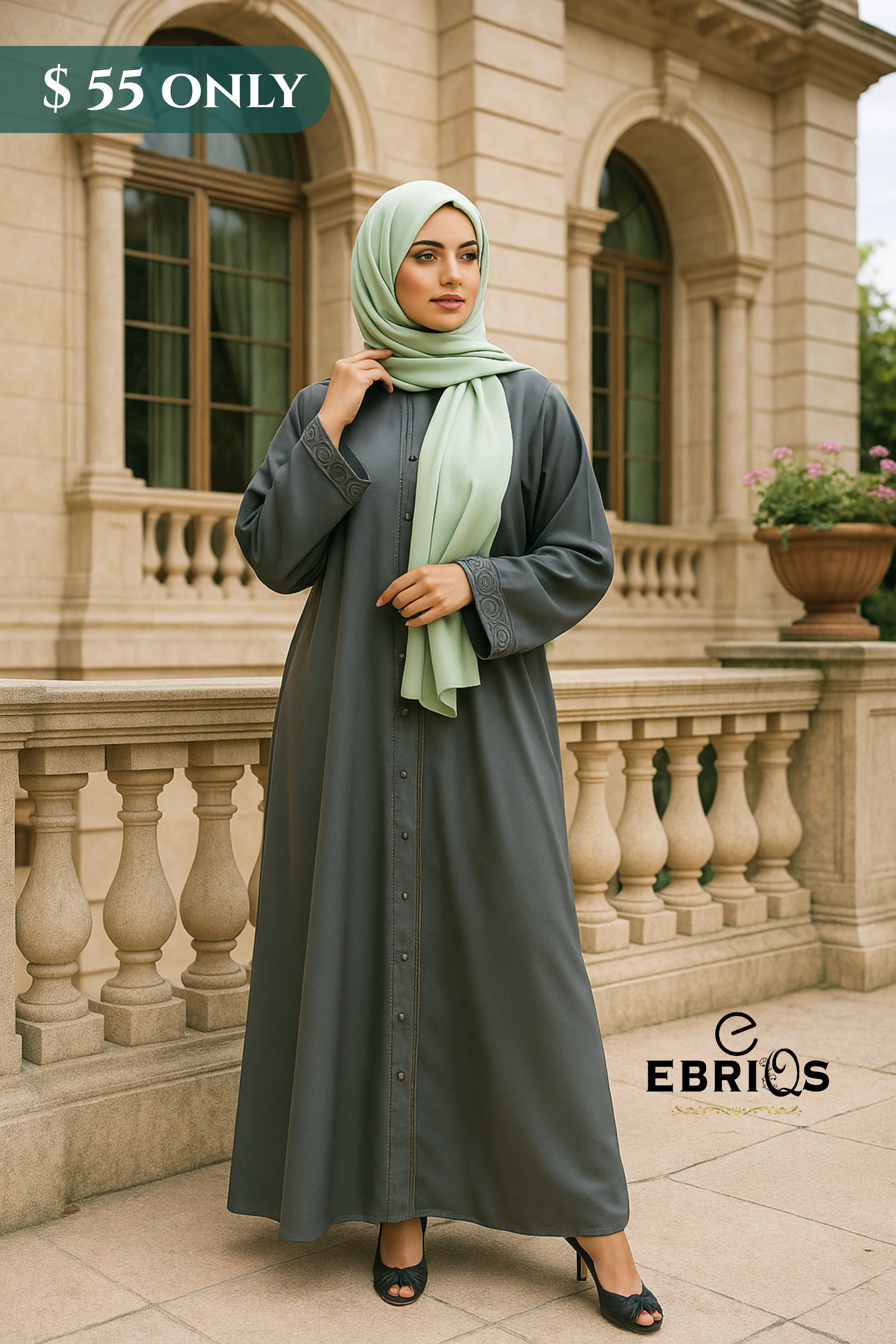Olive Grey Abaya with Mint Green Scarf – Premium Modest Wear | EBRIQS