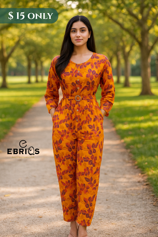 Bold Floral Orange Belted Jumpsuit – Only $15