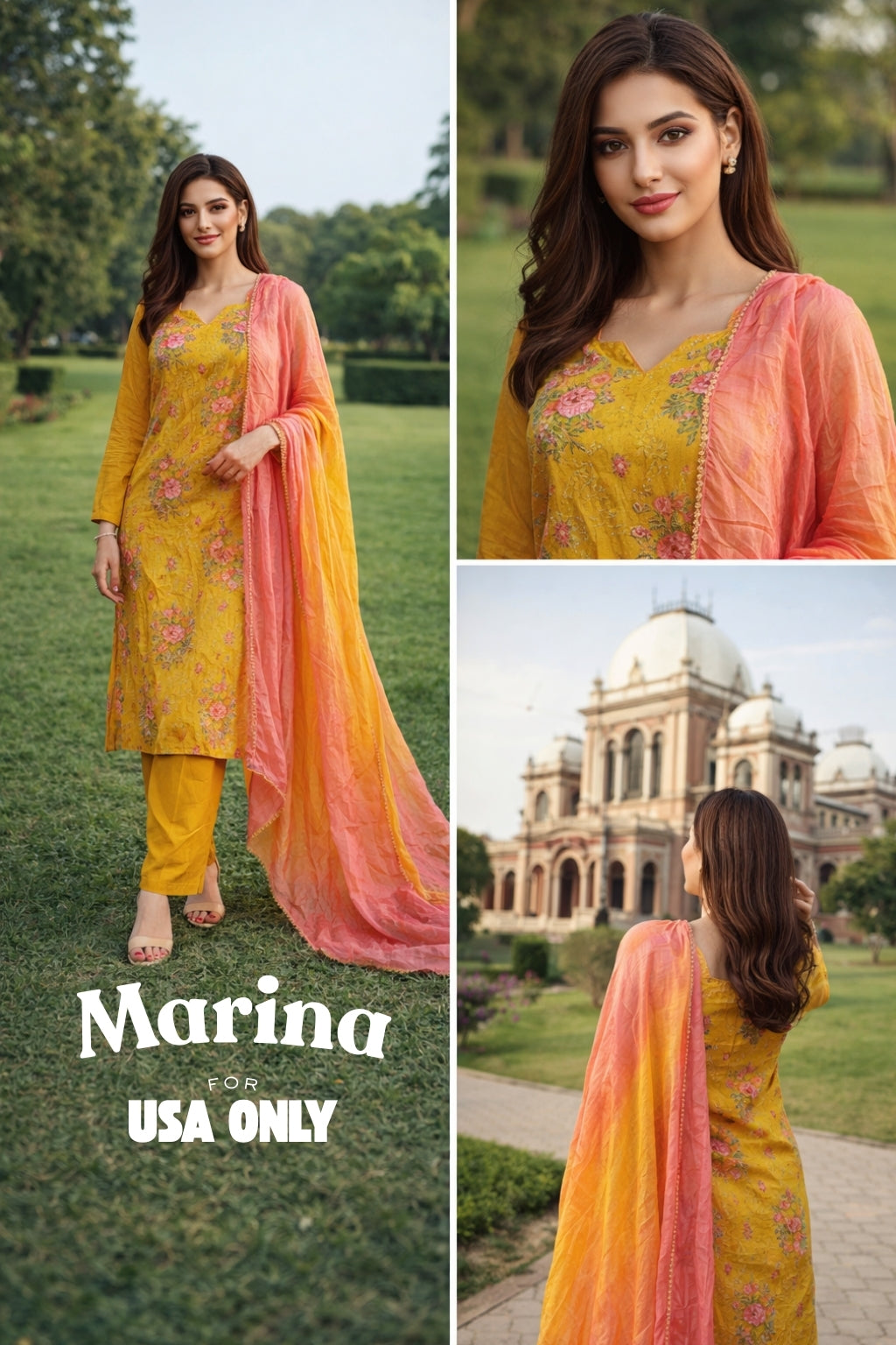Marina – Mustard Floral 3 Piece Suit with Ombre Peach Dupatta (USA Only)