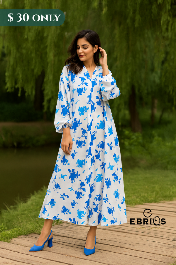 Elegant White & Blue Floral Long Dress – Modest & Stylish | $30 Only