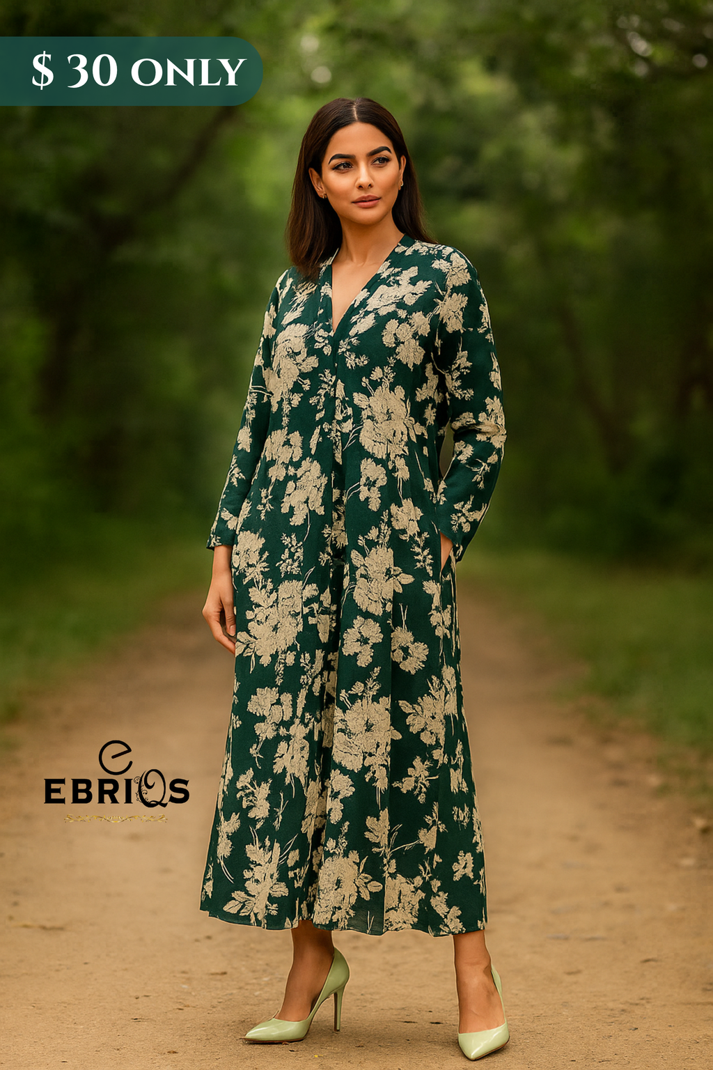 Elegant Green Floral Long Dress – Modest Everyday Wear | $30 Only