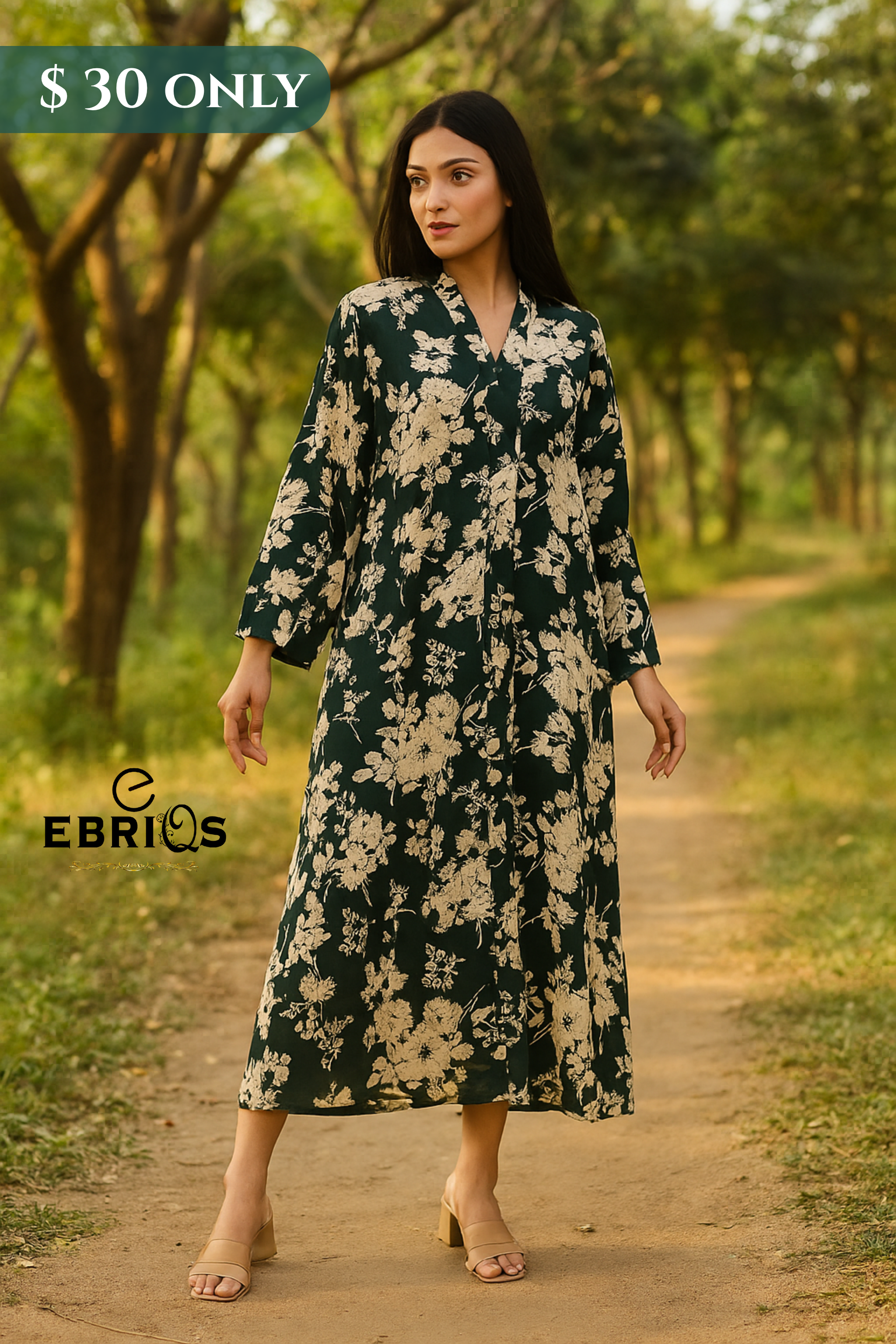 Elegant Green Floral Long Dress – Modest Everyday Wear | $30 Only