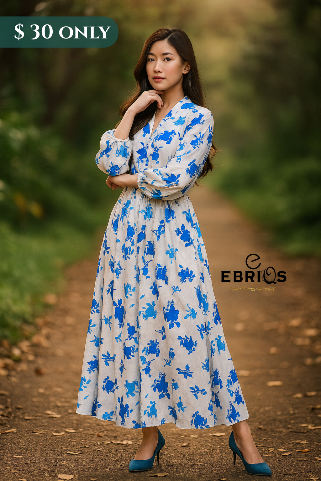 Elegant White & Blue Floral Long Dress – Modest & Stylish | $30 Only