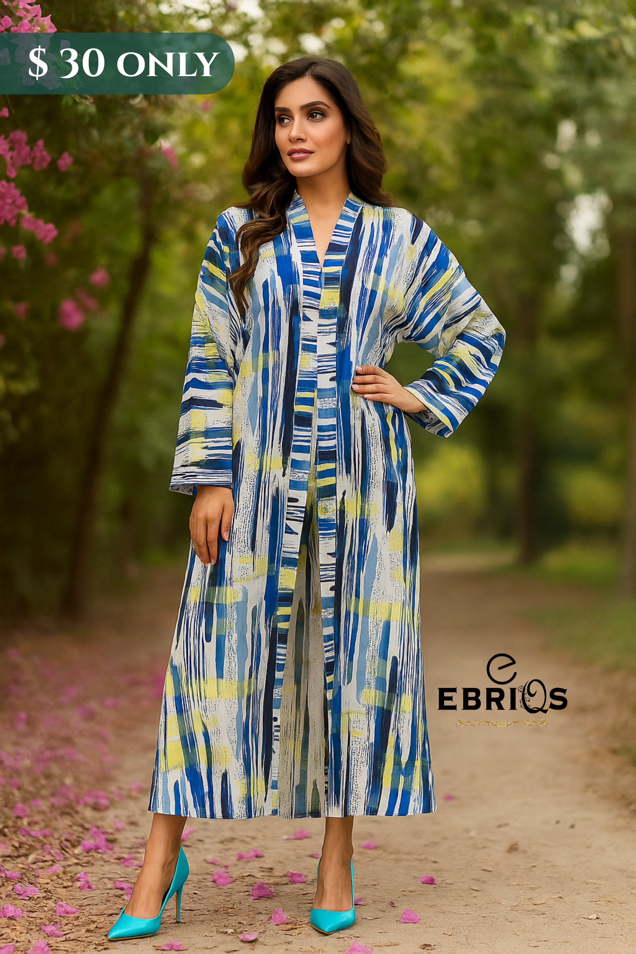 Abstract Blue & Yellow Long Dress – Statement Modest Wear | $30 Only