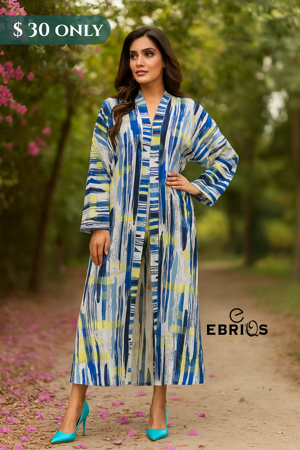 Abstract Blue & Yellow Long Dress – Statement Modest Wear | $30 Only