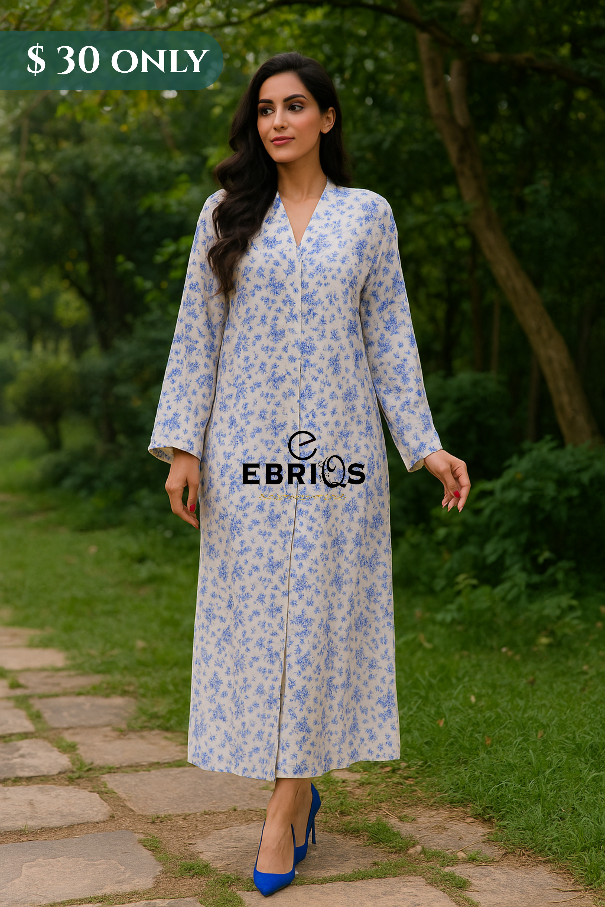 Soft Blue Floral Print Long Dress – Elegant & Modest | $30 Only
