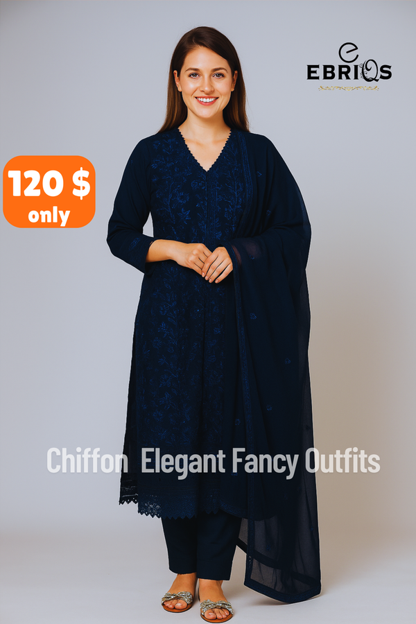 🌙 Midnight Elegance – Chiffon Fancy 3-Piece 🌙