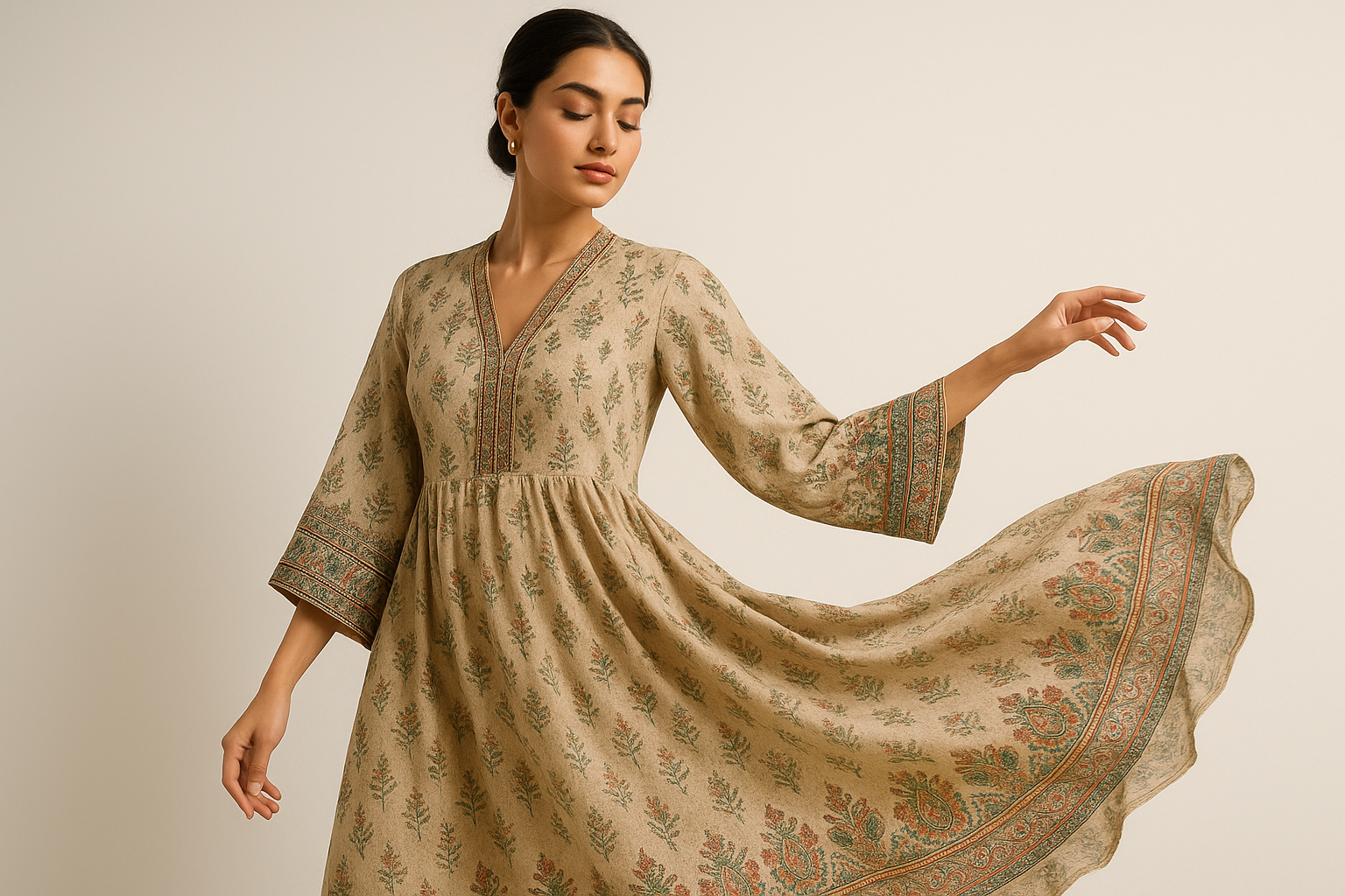 a beautiful female modal wearing Ebriqs Lawn dress and posing aesthetically 