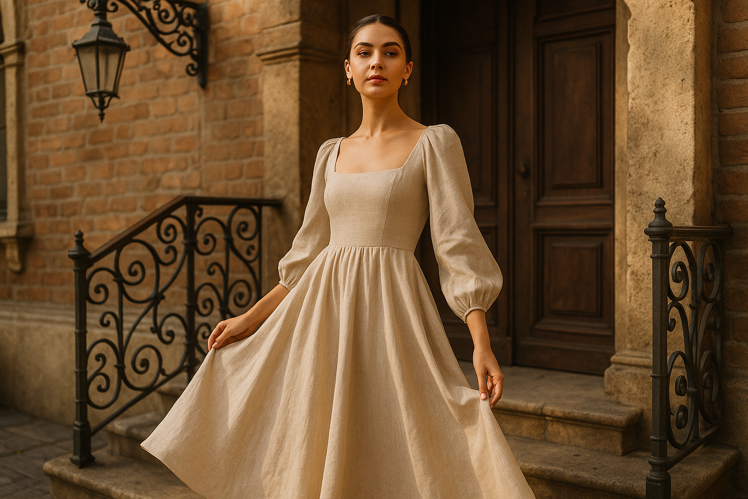 a beautiful female modal wearing Ebriqs Linen dress and posing at vintage location 
